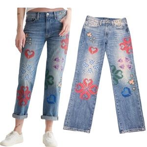 Lucky Brand mid rise boy jean 90s‎ embroidered cross stitch sz00 24. NWOT